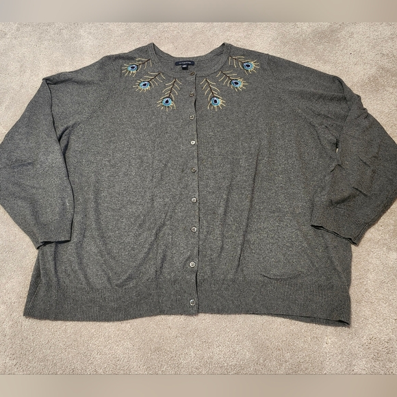 Lands End Women's Grey Cardigan Cotton/Cashmere Embroidered Size 3X - Picture 2 of 9
